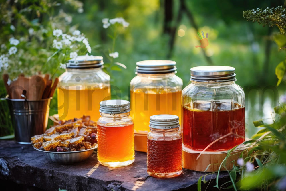 نمای نزدیک قبل از خرید عسل خام با ظرف شیشه ای با موم عسل بر روی سنگ داخل باغ جنگلی در کنار گل و گیاه سبز و سفید در یک روز آفتابی