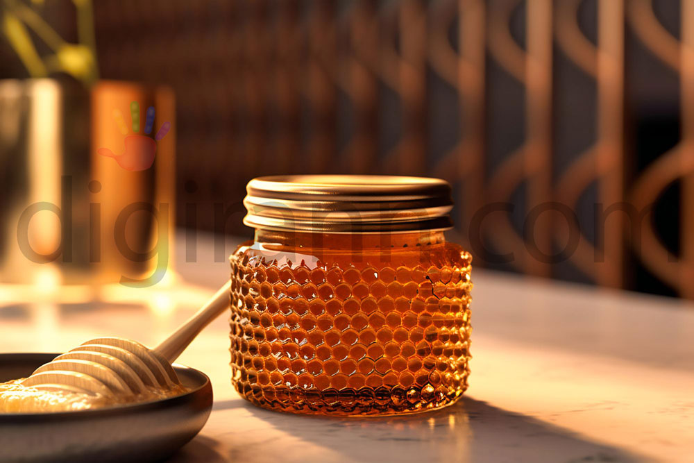 نمایی از خواص عسل آویشن در ظرف شیشه ای کوچک با درب طلایی در کنار یک قاشق چوبی در یک روز آفتابی