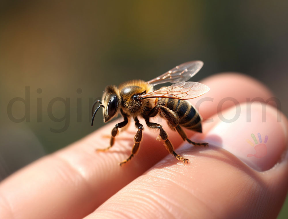 نمایی از گزیدگی و حساسیت به نیش زنبورعسل بر روی انگشتان دست انسان